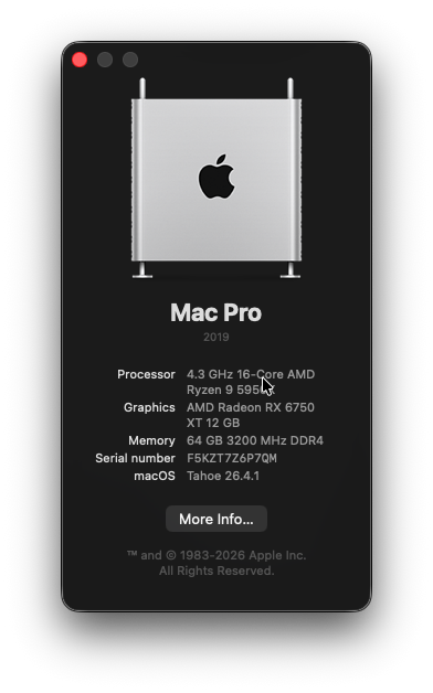 About This Mac — AMD Ryzen 5950X running macOS